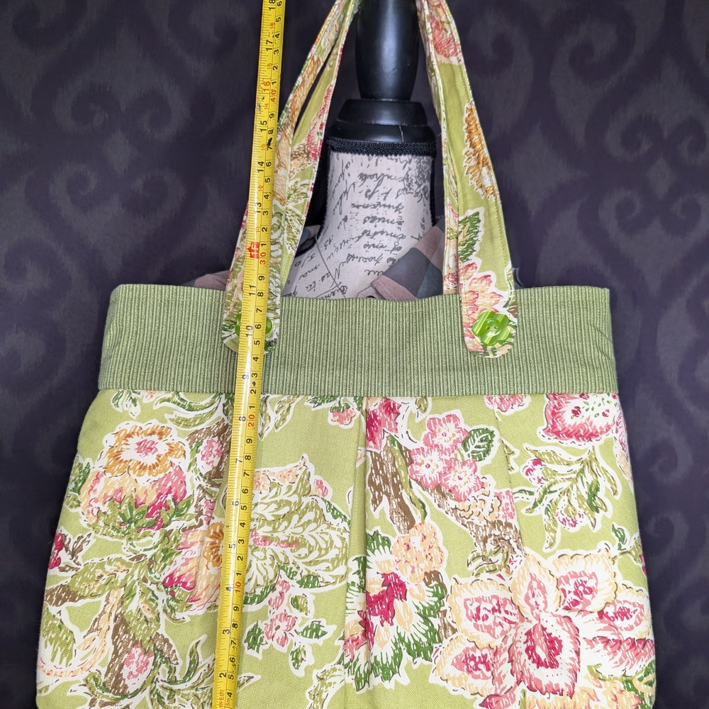 Cottage Core Fabric Arts Buttons Green Pink Tote